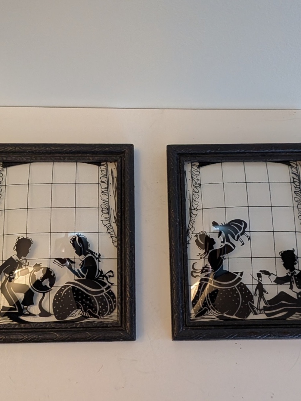 Vintage Framed reverse painting silhouette children at play convex glass (2)